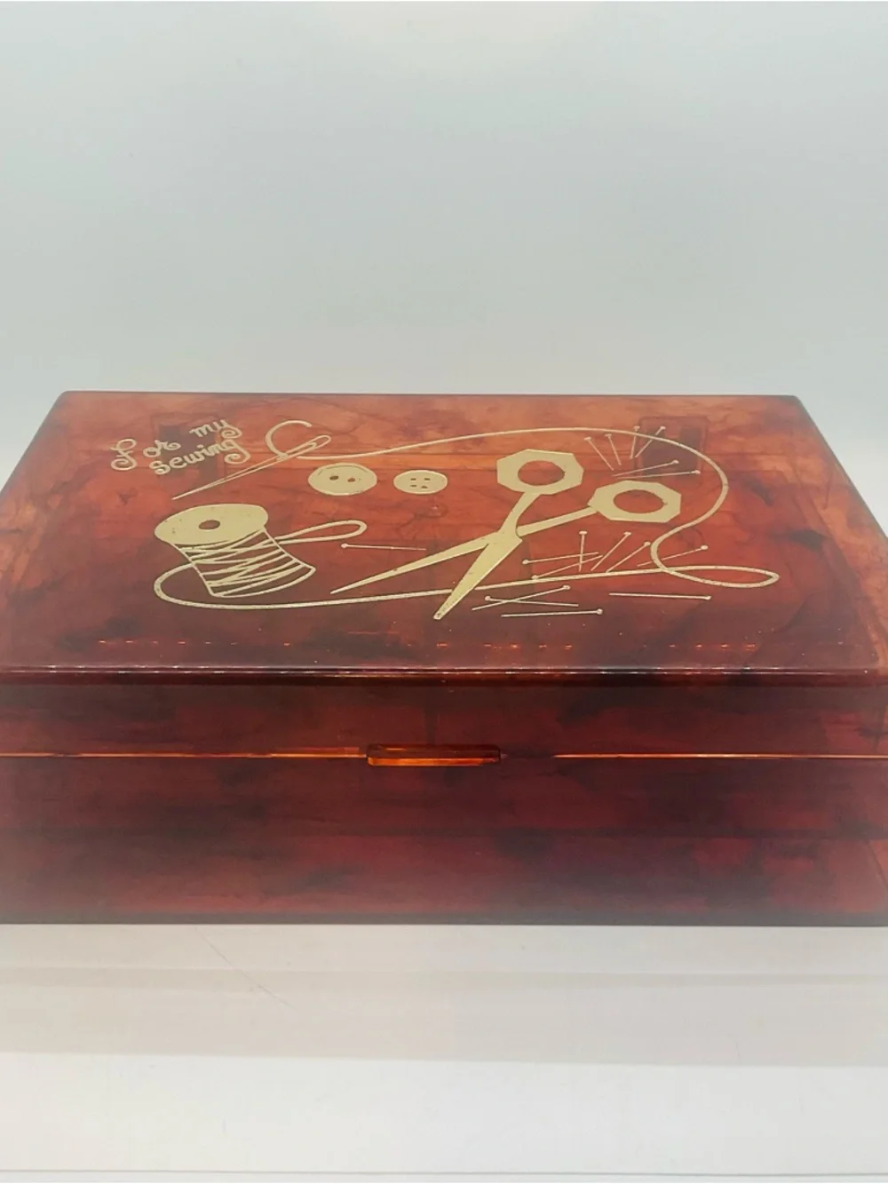 Vintage 1960s Lucite Amber ‘For My Sewing’ Box & Tray Gold Embossed Design.